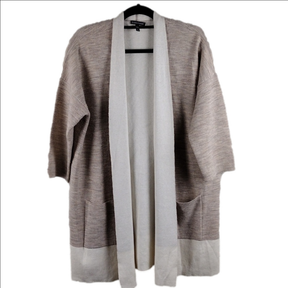 Eileen Fisher Wool Blend Natural Marbled Shawl Collar Long Open Front Cardigan